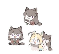  2girls :3 :d ;3 animal_ears ao_kaeru aqua_neckerchief blonde_hair blue_eyes blue_hair blush brown-framed_eyewear brown_dress brown_hair cat_ears cat_tail chibi chibi_only dress fake_animal_ears fake_tail fang fujishima_megumi fujishima_megumi_(summer_loungewear) glasses gradient_hair grey_shirt hasu_no_sora_school_uniform highres long_hair long_sleeves love_live! love_live!_hasu_no_sora_jogakuin_school_idol_club mira-cra_park! multicolored_hair multiple_girls multiple_views neckerchief one_eye_closed open_mouth osawa_rurino osawa_rurino_(summer_loungewear) paw_pose pink_dress sailor_collar sailor_dress school_uniform shirt simple_background sitting smile tail two_side_up violet_eyes virtual_youtuber white_background white_sailor_collar winter_uniform 