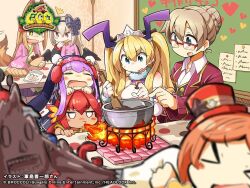  >_< +_+ 6+girls aburaage amis_(eco) animal_ears animal_hood antennae artist_name black_bow black_dress black_hairband black_wings blonde_hair blue_eyes blush_stickers bow chalkboard chocolate closed_eyes copyright_logo copyright_notice dark_feather_alma dress drooling emil_chronicle_online fire food fox_ears fox_girl fox_tail fur-trimmed_collar fur_trim glasses gunjima_souichirou hair_bow hair_bun hairband hat holding holding_spatula holding_stuffed_toy hood jacket japanese_clothes jitome kimono logo loki_alma long_hair mixing_bowl multiple_girls official_art open_mouth orange_hair penguin_hood pepen_alma pink_kimono purple_hair queenbee_alma red_eyes red_hair red_hat red_jacket salamander_alma shirt spatula stuffed_toy sweatdrop tail tiny_zero_alma twintails valentine white_shirt wings 