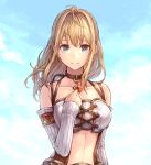  1girl blonde_hair closed_mouth collarbone detached_sleeves facing_viewer fiora_(xenoblade) green_eyes jewelry long_hair looking_at_viewer midriff one_eye_closed sky smile solo thigh-highs uni_(cowardly_bug) xenoblade_chronicles_(series) xenoblade_chronicles_1 