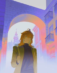  1boy ahoge arch backpack bag black_shirt building closed_mouth commentary_request fate/grand_order fate_(series) green_eyes green_jacket hair_between_eyes highres holding_strap jacket korean_commentary long_sleeves looking_at_viewer male_focus medium_hair open_clothes open_jacket orange_hair outdoors railing romani_archaman shirt solo sumssingbo turtleneck turtleneck_shirt window 