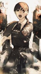  1girl amputee belt black_hair chainsaw_man collared_shirt commentary dress fourth_east_high_school_uniform highres long_shirt long_sleeves lupo_(lupoyorosiku) mitaka_asa neck_ribbon open_mouth pinafore_dress pointing pointing_at_viewer ribbon school_uniform sentry shirt skirt sleeveless sleeveless_dress suspender_skirt suspenders teeth tongue twintails white_shirt 