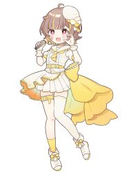  +_+ 1girl :3 :d ahoge asymmetrical_legwear bandaid bandaid_on_cheek bandaid_on_face blonde_streaks blunt_bangs blush brown_hair commentary_request dress fangs full_body hair_intakes hands_up hat highres holding holding_microphone microphone million_production mismatched_legwear multicolored_hair open_mouth otonose_raco red_eyes shoes short_dress short_hair short_sleeves simple_background single_sock single_thighhigh smile socks solo standing streaked_hair thesosh221 thigh-highs uneven_legwear v-shaped_eyebrows virtual_youtuber white_background white_dress white_hat white_shoes white_thighhighs wrist_cuffs yellow_socks 