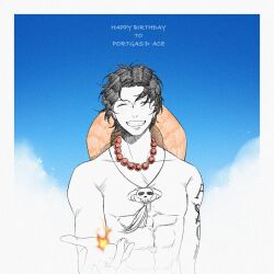  1boy ^_^ abs arm_tattoo blue_sky character_name chinese_commentary clenched_teeth closed_eyes commentary_request fire freckles happy_birthday hat highres jewelry koshikun male_focus necklace one_piece orange_hat pearl_necklace portgas_d._ace short_hair sky smile solo tattoo teeth topless_male 