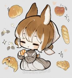  1girl animal_ears apple apple_slice apron baguette blush bread bread_bun brown_hair chewing chibi chibi_only closed_eyes closed_mouth colored_tips croissant dress eating flower food fruit hair_bun headscarf heart holding holding_food long_sleeves multicolored_hair original pie pie_slice rabbit_ears rabbit_girl rabbit_tail sakutake_(ue3sayu) single_hair_bun smile sparkle striped_clothes striped_dress tail vertical-striped_clothes vertical-striped_dress white_flower white_headscarf 