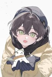  1boy ahoge beanie black_gloves black_hair blush brown_hair chinese_commentary coat commentary_request gloves green_eyes hair_between_eyes hat highres holding hood hood_down long_sleeves looking_at_viewer male_focus nonoiaza open_mouth quanzhi_gaoshou short_hair simple_background snowman solo upper_body white_background zhou_zekai 