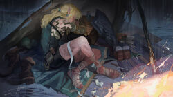  1boy bandaged_foot bandages bike_shorts blonde_hair campfire commentary earrings english_commentary highres jewelry jie_deng link long_hair magic_arm male_focus night outdoors pointy_ears rain shield shirt sitting sleeping sleeping_upright sleeveless sleeveless_shirt solo tent the_legend_of_zelda the_legend_of_zelda:_tears_of_the_kingdom 