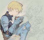  1boy ahoge armor blonde_hair closed_mouth cofffee cup final_fantasy final_fantasy_tactics gloves holding holding_cup male_focus nose ramza_beoulve short_hair solo yellow_eyes 