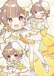  +_+ 1girl :3 :d ;3 ;d ahoge ascot asymmetrical_legwear bandaid bandaid_on_cheek bandaid_on_face blonde_streaks blunt_bangs blush blush_stickers bow brown_hair chibi commentary_request dress fangs full_body hair_bow hair_intakes hands_up hat highres holding holding_microphone looking_at_viewer microphone million_production mismatched_legwear multicolored_hair multiple_views one_eye_closed open_mouth otonose_raco outline plaid_clothes plaid_dress red_eyes shoes short_dress short_hair short_sleeves single_sock single_thighhigh sleeveless sleeveless_dress smile socks standing streaked_hair thesosh221 thigh-highs uneven_legwear v-shaped_eyebrows virtual_youtuber white_dress white_hat white_outline white_shoes white_thighhighs wrist_cuffs yellow_ascot yellow_bow yellow_dress yellow_socks zoom_layer 