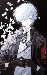  1boy absurdres black_background black_gloves black_jacket blue_hair bug butterfly chinese_commentary collared_shirt commentary_request facing_viewer gekkoukan_high_school_uniform gloves hair_over_one_eye headphones highres jacket jia_zhu_zhu long_sleeves lying male_focus neck_ribbon on_back own_hands_together parted_lips persona persona_3 ribbon school_uniform shirt short_hair solo upper_body white_butterfly white_shirt yuuki_makoto_(persona_3) 