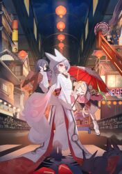 3girls :3 absurdres animal_ears blonde_hair closed_eyes commentary_request double_bun festival fox_ears fox_girl full_body grey_hair hair_bun highres holding hood japanese_clothes multiple_girls niboshiba oil-paper_umbrella open_mouth original outdoors red_eyes scenery sitting tagme umbrella wings