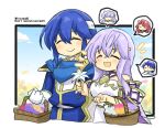  1boy 1girl basket blue_cape blue_hair brother_and_sister cape circlet deirdre_(fire_emblem) dress fire_emblem fire_emblem:_genealogy_of_the_holy_war flower headband holding holding_basket holding_flower julia_(fire_emblem) julius_(fire_emblem) laughing long_hair open_mouth purple_cape purple_hair redhead seliph_(fire_emblem) siblings sigurd_(fire_emblem) smile white_headband yukia_(firstaid0) 