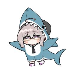  1girl :| ahoge alternate_costume animal_costume beret black_hat black_necktie blush bright_pupils cheyanne_(girls'_frontline_2) chibi chibi_only closed_mouth collared_shirt commentary_request full_body girls'_frontline_2:_exilium girls_frontline gradient_eyes grey_hair hair_between_eyes hat highres korean_commentary looking_at_viewer m200_(girls'_frontline) multicolored_eyes necktie polka_dot polka_dot_socks purple_socks reynamadrista shark_costume shirt sidelocks simple_background socks solo violet_eyes white_background white_pupils white_socks yellow_eyes 