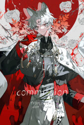  1boy absurdres animal_ears bishounen black_shirt braid cape chinese_commentary chinese_zodiac commentary_request cowboy_shot flower gloves grey_hair highres jewelry long_sleeves looking_at_viewer male_focus mouse_ears onitwo original pants red_eyes red_flower red_gloves rose shirt short_hair smile solo tassel white_flower white_hair year_of_the_rat 