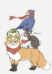  4boys animalization artist_name beak bird blue_hat closed_eyes closed_mouth commentary_request facing_viewer falco_lombardi falcon fox fox_mccloud frog hat highres kannip_3 korean_commentary looking_at_viewer looking_to_the_side multiple_boys neckerchief peppy_hare profile rabbit red_neckerchief red_scarf scarf slippy_toad star_fox twitter_username white_background 