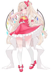  1girl alternate_hair_length_(longer) ascot back_bow blonde_hair blush bow closed_mouth collared_shirt commentary_request crystal crystal_wings flandre_scarlet frilled_shirt_collar frills full_body hair_bow highres long_hair looking_at_viewer missing_headwear multicolored_wings one_side_up red_bow red_eyes red_shoes red_skirt red_vest shirt shoes simple_background skirt skirt_set sleeve_bow smile solo thigh-highs tosakaoil touhou very_long_hair vest white_background white_bow white_shirt white_thighhighs wings yellow_ascot 