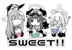  !? 3girls :3 ahoge animal_ears antifreeze blue_archive collared_shirt dog_ears dog_girl dog_tail drinking_straw drinking_straw_in_mouth engineering_department_(blue_archive) english_text floating_headgear glasses goggles goggles_on_head halo hariyaa headgear hibiki_(blue_archive) holding jacket jitome kotori_(blue_archive) long_hair multiple_girls necktie o_o reading semi-rimless_eyewear shirt short_hair simple_background spot_color squeans sweater tail tail_wagging teardrop-framed_glasses under-rim_eyewear utaha_(blue_archive) white_background 