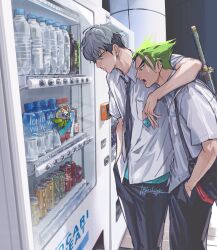  2boys bag black_bag black_hair black_necktie black_pants breast_pocket collared_shirt commentary dbk_rkgk downcast_eyes ear_piercing earrings forked_eyebrows genji_(overwatch) green_hair green_shirt grey_hair hand_in_pocket highres holding jewelry katana male_focus mizuki_(overwatch) multicolored_hair multiple_boys multiple_earrings necktie open_mouth outdoors overwatch pachimari pants piercing pocari_sweat pocket shirt short_hair short_sleeves shoulder_bag standing sword two-tone_hair vending_machine very_short_hair weapon weapon_on_back white_shirt wing_collar 