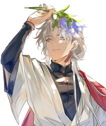  1boy alternate_costume black_shirt blade_(honkai:_star_rail) chinese_clothes commentary earrings flower holding holding_flower honkai:_star_rail honkai_(series) jewelry liyue_so_good male_focus purple_flower robe rope_bracelet shirt solo tangzhuang tassel tassel_earrings upper_body violet_eyes white_background white_hair white_robe yingxing_(honkai:_star_rail) 