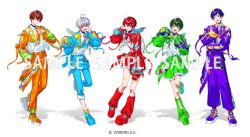  5boys :d :p ;) ;p absurdres ahoge alternate_costume antenna_hair arm_at_side bandaid bandaid_on_leg belt blue_belt blue_bow blue_bowtie blue_eyes blue_jacket blue_necktie blue_pants blue_shoes blue_socks blue_streaks bow bowtie brooch brown_hair center-flap_bangs center_frills coe._(starlight_polaris) collared_shirt color_coordination commentary_request copyright_notice crossed_bangs earrings flower frilled_shorts frills full_body green_belt green_bow green_bowtie green_eyes green_hair green_jacket green_leg_warmers green_shoes green_shorts green_streaks grey_hair hair_between_eyes hair_flower hair_ornament half-heart_hands hand_in_pocket hand_on_own_chest hand_on_own_chin hand_up hands_up heart_cheeks high_tops highres idol_clothes jacket jewelry kisaragi_you_(starlight_polaris) kottaro_(starlight_polaris) kuni_(starlight_polaris) leaning_forward leg_warmers lineup long_sleeves looking_at_viewer loose_belt male_focus mizuna_yushi multicolored_hair multicolored_jacket multiple_boys necktie official_art one_eye_closed open_clothes open_jacket orange_belt orange_bow orange_necktie orange_pants orange_shoes pants pants_rolled_up pigeon-toed pink_streaks plaid_clothes plaid_footwear plaid_jacket plaid_sailor_collar plaid_shoes platform_shoes puffy_long_sleeves puffy_sleeves purple_belt purple_bow purple_hair purple_necktie purple_pants purple_shoes purple_streaks red_belt red_bow red_bowtie red_hair red_jacket red_leg_warmers red_shoes red_shorts red_streaks relu_(starlight_polaris) ribbed_socks sailor_collar sample_watermark shadow shirt shirt_tucked_in shoes short_hair shorts simple_background sleeves_past_fingers sleeves_past_wrists smile sneakers socks standing star_belt_buckle star_brooch starlight_polaris streaked_hair swept_bangs tongue tongue_out turtleneck_under_shirt two-tone_jacket utaite v violet_eyes waist_cape watermark white_background white_flower white_jacket white_shirt white_socks yellow_eyes 