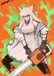  1girl absurdres animal_ears arknights arknights:_endfield bare_shoulders bird_ears bird_girl black_gloves black_pantyhose blue_eyes breasts chainsaw_man dress fortnite gloves grey_hair highres jacket long_hair looking_at_viewer lucksup off_shoulder open_clothes pantyhose perlica_(arknights) sleeveless solo white_dress white_jacket 