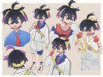  1boy :d aritsune01 black_hair blue_shirt blue_socks blush border candy_apple closed_eyes collared_shirt colored_inner_hair commentary_request crossed_bangs flying_sweatdrops food gloves hair_between_eyes hairband jacket kieran_(pokemon) long_sleeves male_focus multicolored_hair multiple_views necktie open_mouth partially_fingerless_gloves pokemon pokemon_sv red_gloves red_necktie shirt shoes short_hair short_sleeves shorts single_glove smile socks tank_top teeth upper_teeth_only white_border white_footwear white_jacket white_shirt white_shorts yellow_hairband 