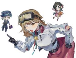  3girls :3 :d ;d amairo_natsumi bent_over black_boots black_coat black_gloves black_hat black_pants black_vest blue_eyes boater_hat boots brown_boots brown_hair chibi chibi_inset coat commentary_request gloves goggles goggles_on_head grey_eyes grey_hair grey_shirt hair_bun hand_on_own_hip hat highres holding holding_suitcase index_finger_raised long_hair multiple_girls official_alternate_costume one_eye_closed open_mouth orange_eyes pants paper_heron pink_coat red_skirt regulus_(reverse:1999) reverse:1999 shirt short_hair single_side_bun skirt smile solo_focus suitcase upper_body vertin_(reverse:1999) vest white_shirt 