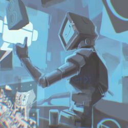  1other blue_theme chinese_commentary commentary_request cytus cytus_ii from_behind highres humanoid_robot joints looking_at_viewer monitor_head no_humans one_eye_closed robo_head_(cytus) robot robot_joints sky_knife87 smile solo speaker thumbs_up upper_body 
