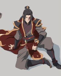  1boy avatar_aang:_the_last_airbender avatar_legends black_gauntlets black_hair boots brown_pants burn_scar closed_mouth concept_art cup fire_nation_outfit full_body gauntlets grey_background hair_bun hair_ornament hairclip highres holding ki_hyun_ryu long_hair long_sleeves looking_at_viewer looking_up male_focus official_art pants red_skirt red_tunic scar simple_background single_hair_bun sitting skirt tunic yellow_gauntlets zuko 