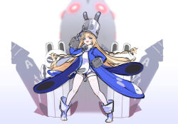  1girl bangboo_(zenless_zone_zero) blonde_hair blue_coat boots braid coat commentary_request drill full_body gohan_(gohanchang) hand_on_own_hip hat large_hat long_hair looking_at_viewer norma_hollowell open_clothes open_coat open_mouth shako_cap side_braids solo standing teeth thigh-highs upper_teeth_only very_long_hair violet_eyes white_boots white_thighhighs zenless_zone_zero 