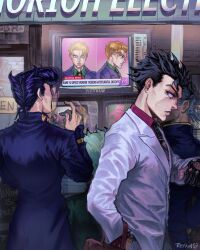  3boys absurdres black_hair diamond_wa_kudakenai formal_clothes gakuran hair_slicked_back higashikata_josuke highres jojo_no_kimyou_na_bouken kawajiri_kosaku killer_queen kira_yoshikage male_focus multiple_boys necktie nijimura_okuyasu pompadour reykun school_uniform spiky_hair stand_(jojo) suit 