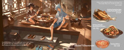  2boys animal_ears antler_boys antlers architecture artist_name barefoot black_hair chicken_(food) chopsticks cup deer_antlers deer_boy deer_ears dragon_boy dragon_horns east_asian_architecture eastern_dragon_horns english_text eyepatch fish_(food) food grilled_fish highres horns jar korean_clothes korean_text lantern legs male_focus mask mixed-language_text miyamoto_tatsuki multiple_boys nadia_kim nam_kyuho official_art people plate ponytail rice sandals shoes steam teacup teapot white_hair 