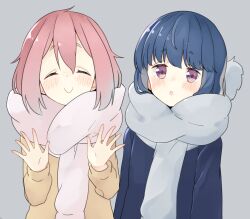 2girls agaki_anko blue_coat blue_hair blush brown_coat closed_eyes closed_mouth coat commentary_request enpera facing_viewer grey_scarf hands_up highres kagamihara_nadeshiko kirara_fantasia long_sleeves looking_at_viewer multiple_girls open_mouth pink_hair pink_scarf scarf shima_rin smile upper_body violet_eyes yurucamp