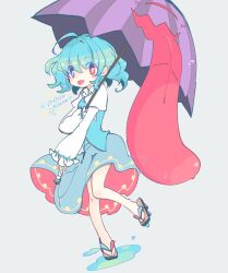  1girl :p aqua_hair aqua_vest blue_eyes blue_sky commentary_request full_body geta heterochromia highres holding holding_umbrella long_sleeves looking_at_viewer m_(m073111) one-hour_drawing_challenge red_eyes shirt sky solo standing standing_on_one_leg tatara_kogasa tongue tongue_out touhou twitter_username umbrella vest violet_eyes white_shirt 