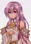  1girl bare_shoulders cape circlet dress fire_emblem fire_emblem:_genealogy_of_the_holy_war fire_emblem_heroes highres jewelry julia_(crusader_of_light)_(fire_emblem) julia_(fire_emblem) long_hair looking_at_viewer purple_cape purple_hair run_illust simple_background smile solo violet_eyes wide_sleeves 
