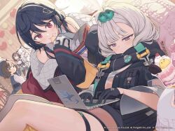  5girls animal_ears at_computer azur_lane bag_of_chips black_gloves black_hair blush breasts character_request chips_(food) collett_(azur_lane) commentary_request computer cooper_(azur_lane) cup drinking_glass flat_chest food gloves grey_hair hair_between_eyes hairband headband holding holding_laptop jacket laffey_(azur_lane) laptop long_hair multiple_girls navel official_art parfait parfait_glass potato_chips rabbit_ears red_eyes short_hair skirt small_breasts smile strawberry_parfait tam-u thigh-highs twintails typing violet_eyes wafer_stick white_hair 