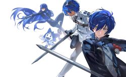  1boy absurdres ahoge aiming armband atlus black_gloves black_pants black_ribbon blue_eyes blue_hair blue_hat bodysuit closed_mouth collar collared_shirt commentary company_connection creature cut_bangs digital_walkman dynamic_pose earphones expressionless fangs floating full_body gloves grey_eyes hair_between_eyes hairband hat highres holding holding_sword holding_weapon jack_frost_(megami_tensei) jacket jester_cap jester_costume laishamark92077 long_hair looking_afar looking_down metal_hairband metaphor:_refantazio mp3_player multicolored_bodysuit multiple_boys open_mouth outstretched_arms pants parted_lips persona persona_3 protagonist_(metaphor:_refantazio) protagonist_(smtv) red_armband ribbon shin_megami_tensei shin_megami_tensei_v shirt short_hair simple_background sword two-tone_bodysuit upper_body weapon white_background white_jacket white_shirt yellow_eyes yuuki_makoto_(persona_3) 