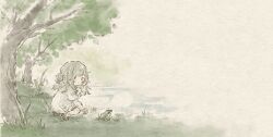  1girl aged_down animal black_shoes child dirty dirty_clothes dirty_face frog frown grass grey_hair hand_on_own_cheek hand_on_own_face highres kneeling layered_shirt looking_at_animal medium_hair official_art outdoors pond reaching reverse:1999 shirt shoes socks tree vertin_(reverse:1999) watercolor_effect white_shirt white_socks 