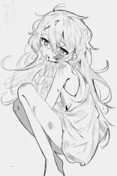  1girl ahoge bare_arms bare_legs bare_shoulders barefoot between_legs blood blood_from_mouth blood_on_face blush bruise bruise_on_face commentary_request crying crying_with_eyes_open dated dirty dress empty_eyes fetal_position from_side grey_background greyscale hair_between_eyes hand_between_legs highres injury knee_up knees_up long_hair looking_at_viewer messy_hair monochrome open_mouth original scraped_knee short_dress signature simple_background sitting sketch sleeveless sleeveless_dress solo sweat tears thick_eyebrows very_long_hair 