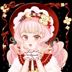  1girl absurdres apple apple_slice argyle_clothes argyle_sleeves black_background black_bow bonnet bow brown_bow chinese_commentary collar commentary_request detached_collar dot_nose dress eyelashes food food-themed_clothes food-themed_hair_ornament frilled_headwear frilled_sleeves frilled_wrist_cuffs frills fruit hair_bow hair_ornament hair_ribbon hands_on_own_cheeks hands_on_own_face happy hat hat_bow highres infinity_nikki light_blush long_hair looking_at_viewer low_twintails nikki_(nikki) nikki_(series) open_mouth pinafore_dress pink_eyes pink_hair procreate_(medium) puffy_short_sleeves puffy_sleeves red_bonnet red_collar red_ribbon ribbon ruanmuyunruanyun shirt short_sleeves sleeveless sleeveless_dress smile solo sparkle striped_bow sweet_memories_(infinity_nikki) twintails two-sided_ribbon upper_body wavy_hair white_shirt white_wrist_cuffs wrist_cuffs yellow_dress yellow_ribbon 