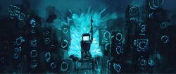  1other arm_up blue_theme chinese_commentary clionelimacina commentary_request cytus cytus_ii explosion explosion_background highres humanoid_robot joints mixing_console monitor_head no_humans pointing pointing_up robo_head_(cytus) robot robot_joints smile solo speaker 