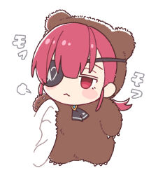  1boy 1other :< a-ka animal_costume arrow_through_heart ascot bear_costume black_ascot blue_gem blush_stickers claws closed_mouth commentary_request double-parted_bangs eyepatch full_body gem genderswap genderswap_(ftm) hair_behind_ear hololive houshou_kumarine houshou_marine jack_(houshou_marine) jitome male_focus medium_hair puff_of_air red_eyes red_hair simple_background solo_focus sound_effects white_background 