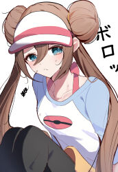  1girl absurdres black_pantyhose blue_eyes blush breasts brown_hair bruise closed_mouth collarbone commentary_request donut_hair_bun double_bun frown hair_bun hat highres injury long_hair looking_at_viewer nii_(marimo_416) pantyhose pantyhose_under_shorts poke_ball_print pokemon pokemon_black_2_and_white_2 raglan_sleeves rosa_(pokemon) shirt shorts solo twintails visor_cap yellow_shorts 
