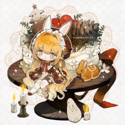  1girl animal_ears ankle_socks bag berry blonde_hair blush blush_stickers bow bowtie braid brown_bow brown_dress brown_feathers brown_hat brown_shoes buttons candle candlestand christmas_tree closed_mouth colored_tips commentary dress dress_flower english_text feather_hair feathers fire flower food frilled_dress frilled_dress_collar frilled_headwear frilled_sleeves frilled_thigh_strap frills fruit gingerbread_cookie gradient_hair grey_eyes hair_flower hair_intakes hair_ornament hat highres lace_background leaf long_sleeves looking_at_viewer multicolored_hair on_table orange_hair original pinecone plant pointy_ears rabbit rabbit_ears red_bow red_bowtie red_ribbon ribbon sack sakutake_(ue3sayu) shoes short_dress side_braid sitting sitting_on_table sleeves_past_fingers sleeves_past_wrists socks sparkle star_(symbol) table thigh_strap wavy_hair white_background white_bag white_flower white_rabbit_(animal) wooden_table 
