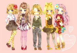  1boy ankle_boots anklet bead_anklet beads black_shoes black_skirt blonde_hair blue_eyes blue_flower boots bow breast_padding bright_pupils brown_boots brown_hair brown_shoes commentary_request crossdressing crossdressing_(mtf) deformed drawn_crown dress elbow_gloves floral_print flower full_body gloves green_shirt grey_pants hair_bow hair_flower hair_ornament hands_in_pockets hands_on_own_hips hands_up high_heels jewelry koibuchi_kuranosuke kuragehime long_hair long_sidelocks long_sleeves looking_at_viewer male_focus miniskirt official_alternate_costume one_eye_closed orange_gloves own_hands_together pants pantyhose parted_hair pink_background pink_hair polka_dot polka_dot_pantyhose pumps purple_pantyhose red_flower red_shoes shirt shoes short_dress side-by-side sidelocks simple_background skirt sleeveless sleeveless_dress sparkle standing standing_on_one_leg straight-on striped_clothes striped_thighhighs thigh-highs trap two-tone_dress ume_tsubomi variations vertical-striped_clothes vertical-striped_thighhighs w_arms white_pupils white_shirt wig yellow_bow yellow_pantyhose 