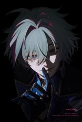  1boy ahoge artist_name black_background black_choker black_gloves black_jacket blue_eyes blue_gloves blue_jacket blue_shirt choker collared_shirt crossed_bangs earrings empty_eyes genshin_impact gloves green_hair hair_between_eyes hand_up highres jacket jewelry lapels lips lohen_(genshin_impact) looking_at_viewer male_focus mnchildxday mole mole_under_eye multicolored_eyes open_clothes open_jacket pale_skin shadow shirt short_hair simple_background single_earring smile solo teeth two-sided_fabric two-sided_gloves two-sided_jacket upper_body violet_eyes 