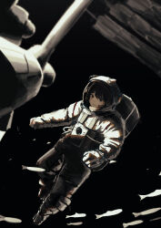  1girl absurdres astronaut black_hair commentary_request fish headphones helmet highres looking_at_viewer original short_hair solo space space_helmet spacesuit sunlight umi_(103501600) zero_gravity 