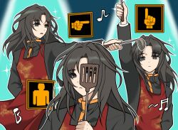  1boy alternate_universe androgynous antor_mono apron arm_behind_back arm_up beamed_sixteenth_notes blurry blurry_background brown_eyes brown_hair eighth_note empty_eyes gameplay_mechanics grey_eyes grey_shirt high_collar highres holding holding_ladle holding_spatula kimi_ga_shine ladle light_frown long_hair long_sidelocks long_sleeves looking_at_viewer looking_to_the_side male_focus multiple_views musical_note outline outstretched_arm parted_bangs parted_lips red_apron satou_kai shirt sidelocks sparkle spatula spotlight white_outline 