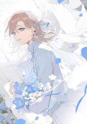  1boy ascot belt bird bishounen blue_eyes blue_flower blue_ribbon blue_shirt bouquet brown_hair collared_shirt commentary_request cowboy_shot dove dutch_angle earrings falling_petals feathers flower from_side hair_between_eyes hair_ribbon half_updo highres holding holding_bouquet jacket jewelry kanae_(nijisanji) long_sleeves looking_at_viewer male_focus medium_hair nijisanji nonoiaza pants parted_lips petals ribbon shirt smile solo virtual_youtuber white_ascot white_flower white_jacket white_pants white_shirt 