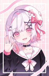  1girl :d beret black_choker black_shirt choker collarbone commentary_request fang flower gradient_hair grid_background hair_flower hair_ornament hat hat_flower hat_ribbon korean_commentary looking_at_viewer mahou_shoujo_no_majo_saiban multicolored_hair o-ring o-ring_choker official_alternate_costume open_mouth pink_eyes pink_hair ribbon sakuraba_ema shirt short_hair skin_fang smile solo tess_(88884) upper_body waving white_flower white_hair white_hat x_hair_ornament 