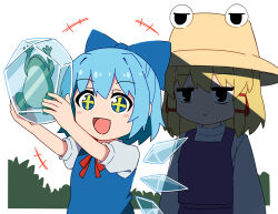  +++ 2girls animal blonde_hair blue_dress blue_hair cirno cross-shaped_pupils dress frog hair_ribbon ice ice_wings jitome looking_at_another moriya_suwako multiple_girls neck_ribbon necono_(nekonosora1207) open_mouth puffy_short_sleeves puffy_sleeves purple_vest pyonta red_ribbon ribbon shaded_face shirt short_hair short_sleeves symbol-shaped_pupils touhou vest white_shirt wings 